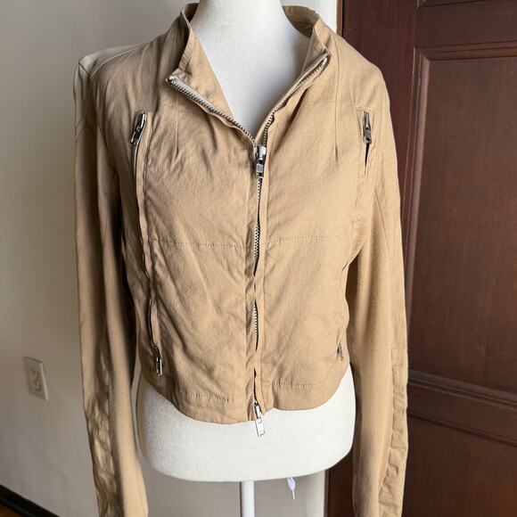 TWINSET by Simona Barbieri | Tan Linen and Vegan Leather Moto Light Jacket Large - Picture 4 of 10